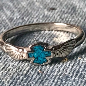 Silver Turquoise Shield and Wings Petite Band Ring