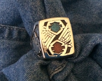 Silver HD Harley Double Shield w/ Inlay Men's Ring