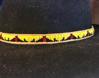 Beaded Hatband - Yellow and Black w Red
