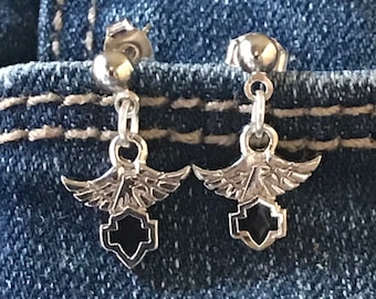 Silver Harley Davidson Eagle Holding Black Shield Post Earrings