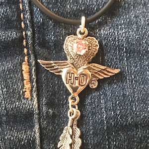 Silver Harley Davidson Winged Hearts w Stone Necklace