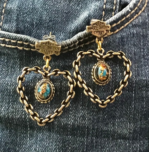 Gold Harley Davidson Chain Heart & Shield Earrings