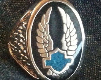 Silver HD Biker Wings & Turquoise Shield Ring - 9