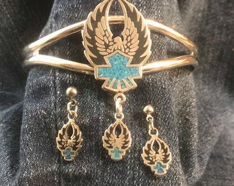 Silver Eagle & HD Shield w/ Turquoise Inlay Bracelet/ Earrings Set
