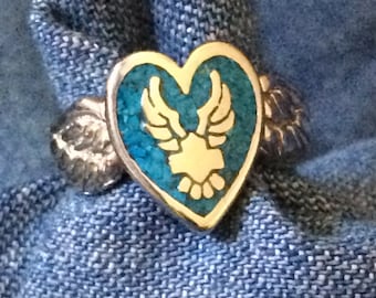 Eagle Wings HD Shield on Turq Heart Ring - size 7