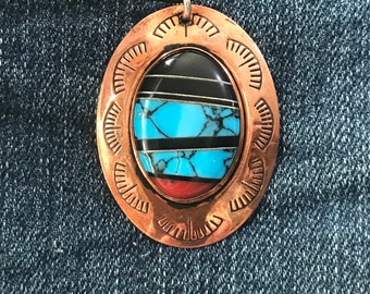 Copper Turquoise/ Coral / Jet Pendant Necklace