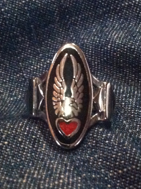 Silver Biker Eagle w Coral Heart HD Shields Ring