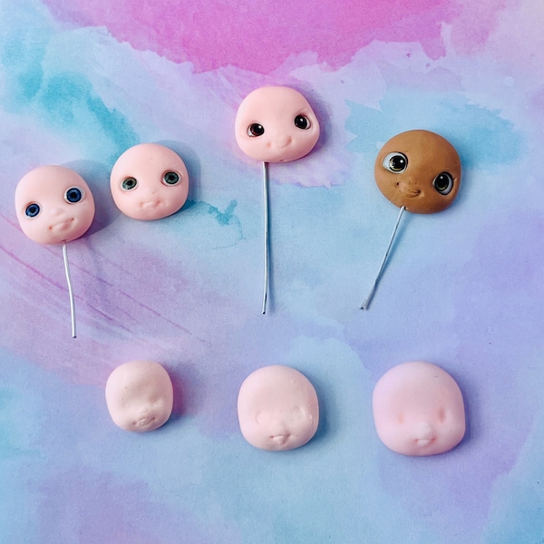 Girl clay heads for doll making, Handmade cold porcelain doll heads with 3D resin eyes, Artisan dolls heads for clay bows, Kawaii craft head