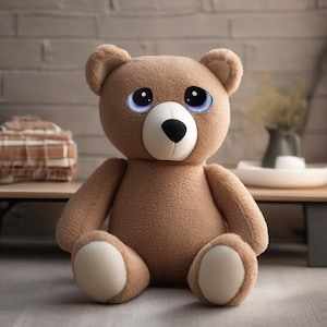 Könnte beinhalten: Ein brauner Teddybär mit blauen Augen, die zu weinen scheinen. Der Bär sitzt auf einer hellgrauen Oberfläche.