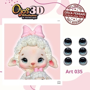 May include: A handcrafted sheep figurine with a pink bow and blue eyes, holding a smaller sheep. The image also shows six pairs of blue doll eyes and the text "Art 035". The logo "Ojos3D" is visible.