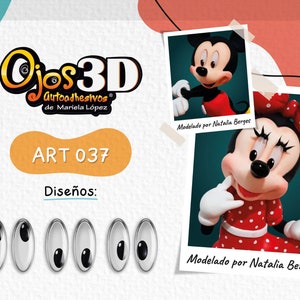 May include: A set of six self-adhesive 3D eyes, designed to look like Mickey and Minnie Mouse. The eyes are white with black pupils and are arranged in two rows of three. The image also includes a photo of Mickey and Minnie Mouse, with the text "Modelado por Natalia Berges" below each photo.