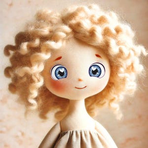 Op de afbeelding: Een handgemaakte pop met blond krullend haar, blauwe ogen met witte hartjes en een lichtbruine jurk.