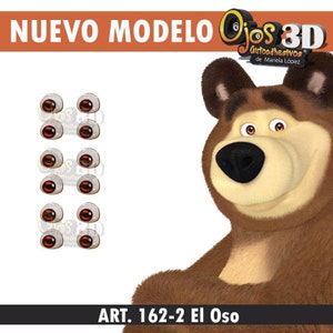 May include: A set of 12 brown and white 3D googly eyes, labelled "Ojos 3D Autoadhesivos de Mariela Lopez" and "ART. 162-2 El Oso", for crafts and projects.