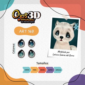 May include: A set of four self-adhesive 3D eyes, called "Ojos 3D Autoadhesivos" by Mariela Lopez, in a blue and green color scheme. The eyes are labeled "ART 169". The image also shows a white furry animal with blue eyes, modeled by Leticia Suarez del Cerro. The image includes the text "Tamaños:" and the words "CHICO", "MED.", "GRAN.", "SÚPER", and "ESPECIAL".