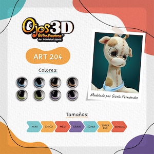 May include: A set of colorful self-adhesive 3D eyes for crafts. The eyes come in different sizes, including mini, chico, med, gran, super, super esp, and especial. The image also shows a giraffe figurine with the eyes attached.