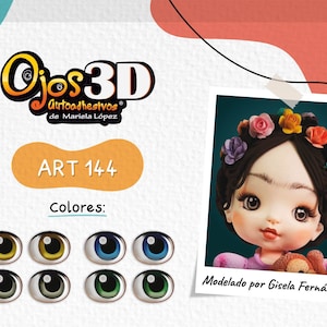 May include: A set of 3D self-adhesive eyes for doll making, with a variety of colors including brown, blue, green, and gray. The eyes are labeled "Ojos 3D Autoadhesivos de Mariela Lopez" and "ART 144".