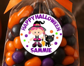 PERSONALIZED STICKERS - Halloween Sweet Witch Personalized Monogrammed Labels -Perfect for Treat Bags - Round Gloss Labels