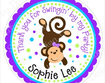 PERSONALIZED STICKERS - Adorable Monkey Girl Sticker Labels - Round Gloss Labels or Tags