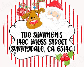 PERSONALIZED CHRISTMAS STICKERS -  Reindeer and Santa- Gift Tag Birthday Monogrammed Address Labels - Round Gloss Labels