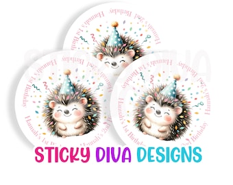 PERSONALIZED BIRTHDAY STICKERS -  Adorable Hedgehog - Watercolors - Whimsical Gift Tag Birthday Monogrammed Labels - Round Gloss Labels