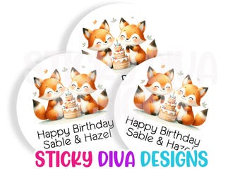 PERSONALIZED BIRTHDAY STICKERS -  Adorable Foxies - Twins - Watercolors - Whimsical Gift Tag Birthday Monogrammed Labels - Round Labels