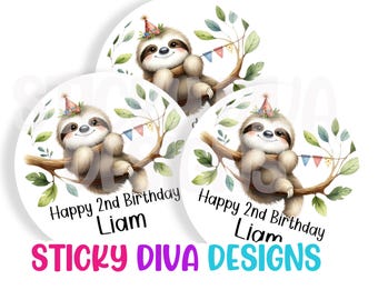 PERSONALIZED BIRTHDAY STICKERS -  Adorable Sloth - Watercolors - Whimsical Gift Tag Birthday Monogrammed Labels - Round Gloss Labels