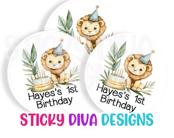 PERSONALIZED BIRTHDAY STICKERS -  Adorable Lion - Watercolors - Whimsical Gift Tag Birthday Monogrammed Labels - Round Gloss Labels