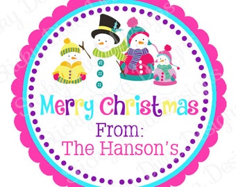PERSONALIZED STICKERS - Custom Snowman Family Gift Tag - Address labels -  Labels- Round Gloss Labels - Great for Christmas Presents