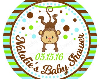 PERSONALIZED WEDDING STICKERS - Adorable Monkey Baby Shower Stickers - Round Gloss Labels