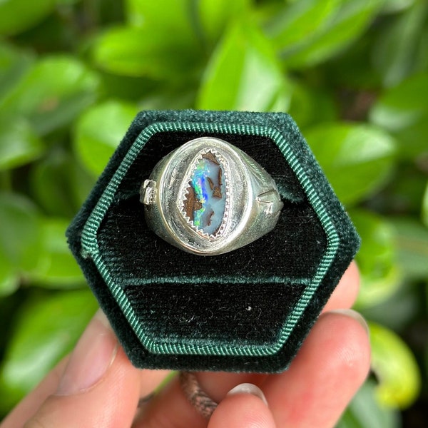 Lightning Ridge Australian Opal Unisex Signet Ring size 11 • Sterling Silver Opal Ring