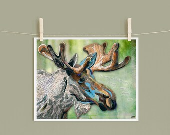 8x10 Art Print of a mixed media collage of a moose in the forest with a John Muir quote about the wilderness, green, nature