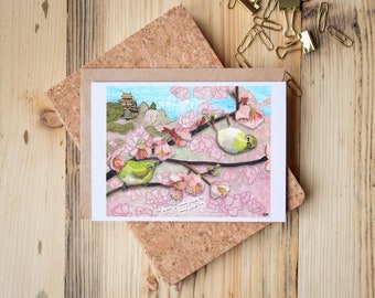 Greeting Card of mixed media collage of Japanese White-Eye birds in sakura cherry blossoms, temple, Shakespeare quote -  Blank Inside