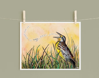 8x10 Art Print of a mixed media collage of a Western Meadowlark singing out in the grass with a John James Audubon quote