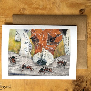 Greeting Card of a mixed media collage of a dog sniffing some ants marching along a log, inspiration phrase - blank inside