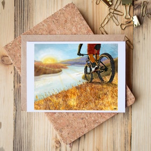 Carte de voeux représentant un collage technique mixte d'un vététiste donnant sur les gorges du fleuve Columbia, coucher de soleil, vue - Blank Inside