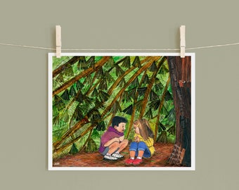 8x10 Art Print of a mixed media collage of two children huddled under a pine tree together, childhood, secret, friends, safe