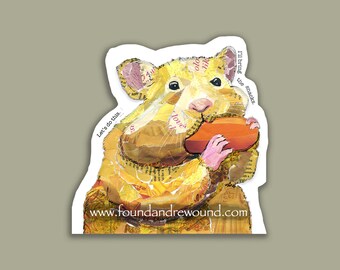 Hamster Eating Carrot Sticker - 3" x 3" Original MixedMedia Collage - Dye Cut, Vinyl