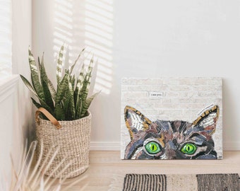 20"x16"x 1.5"  of a mixed media collage of a Cat, pets, green eyes - funny text