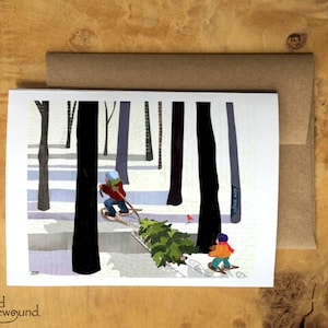 Father & Child Christmas Tree Card: Winter Woods Scene