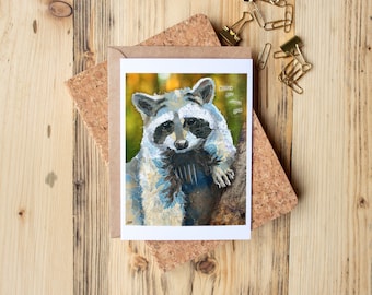 Greeting Card of mixed media collage of a raccoon with inspirational quote about nurturing your curiosity, forest, nature  -  Blank Inside