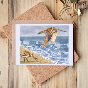 Carte de voeux représentant un collage technique mixte représentant deux barges à queue barrée au bord de l'océan, une plage, des oiseaux de rivage, une migration - Blank Inside