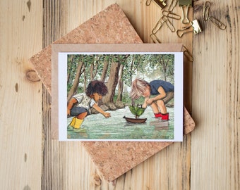 Greeting Card of mixed media collage of two children in a stream playing with a nature boat together, forest, water -  Blank Inside