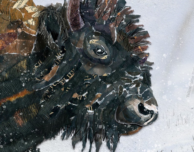 8x10 Art Print of a mixed media collage of a bison in the snow with an elk and gopher, Yellowstone image 3