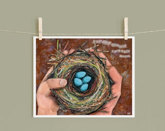 8x10 Art Print of a mixed media collage of a hand holding a robin nest with four blue eggs in it, nature, birds, motherhood, baby