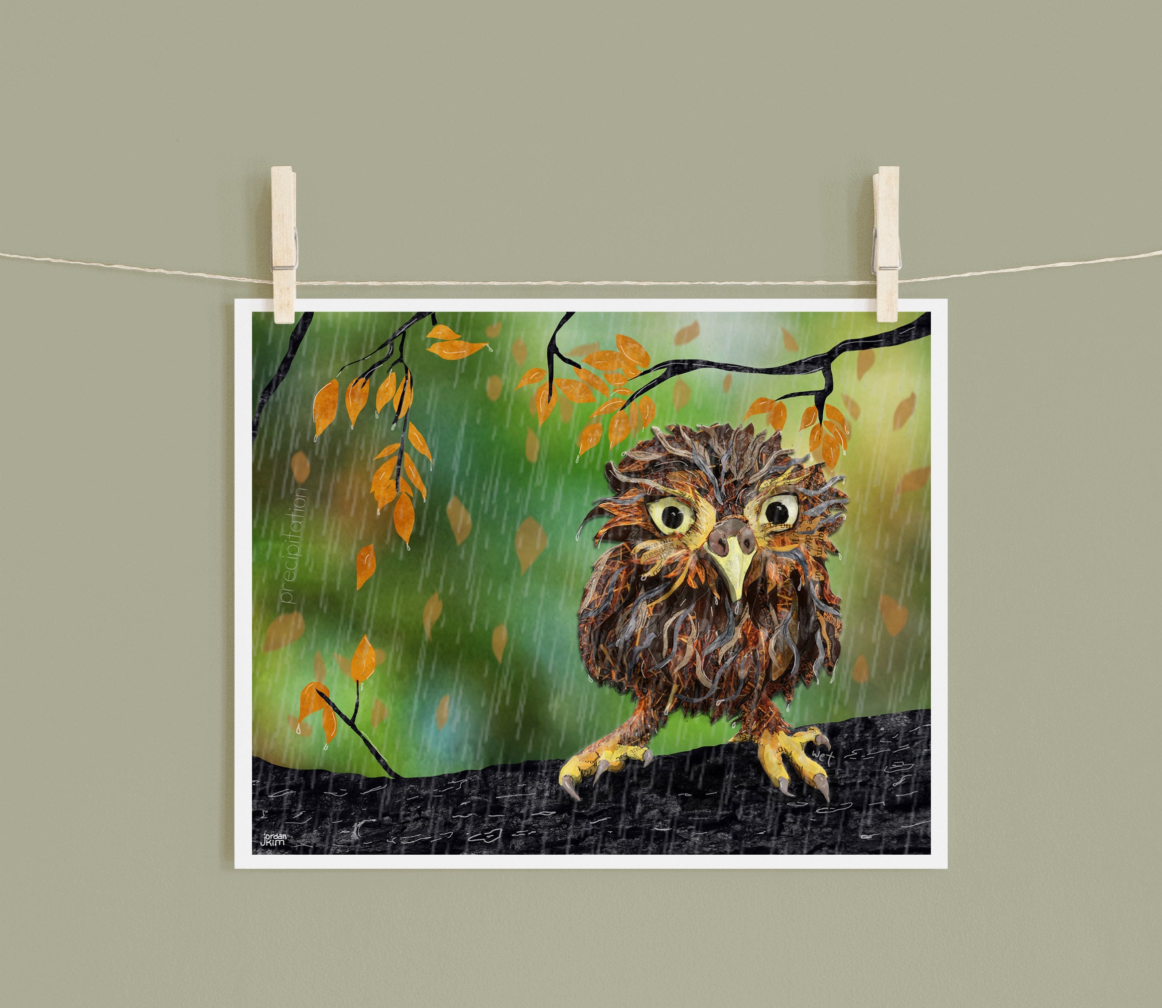 Wet Owl Art Print: Rainy Day Mixed Media Collage (8x10)
