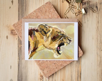 Lioness Roar Greeting Card – Fierce Female Strength – Big Cat Matriarch – 5x7 Blank Nature Card