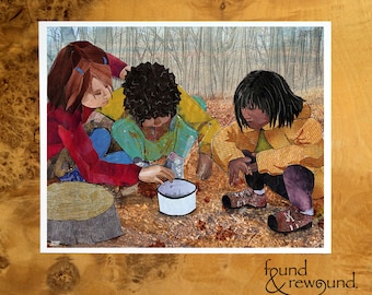 8x10 Art print of Children Gathering Treasures Outside - Nursery, Playroom, Friendship Wall Art