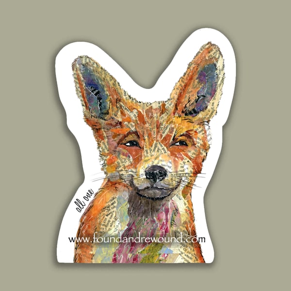 Fox Sticker - 3" x 3" Original MixedMedia Collage - Dye Cut, Vinyl