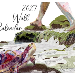 May include: A 2027 wall calendar featuring paper collage art by Jordan Kim. The cover displays a colorful turtle in a stream with bare feet stepping on mossy rocks above. Text includes 2027 Wall Calendar, Paper Collage Art by Jordan Kim, and found & rewound.