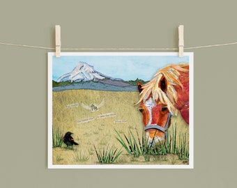 8x10 Art Print of a mixed media collage of a horse grazing near a red-winged blackbird with Mt Hood near Hood River, Oregon